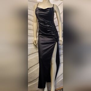 Liz & Sara Black Liquid Satin Slip Ruched Bodycon Stretch Dress Women Large